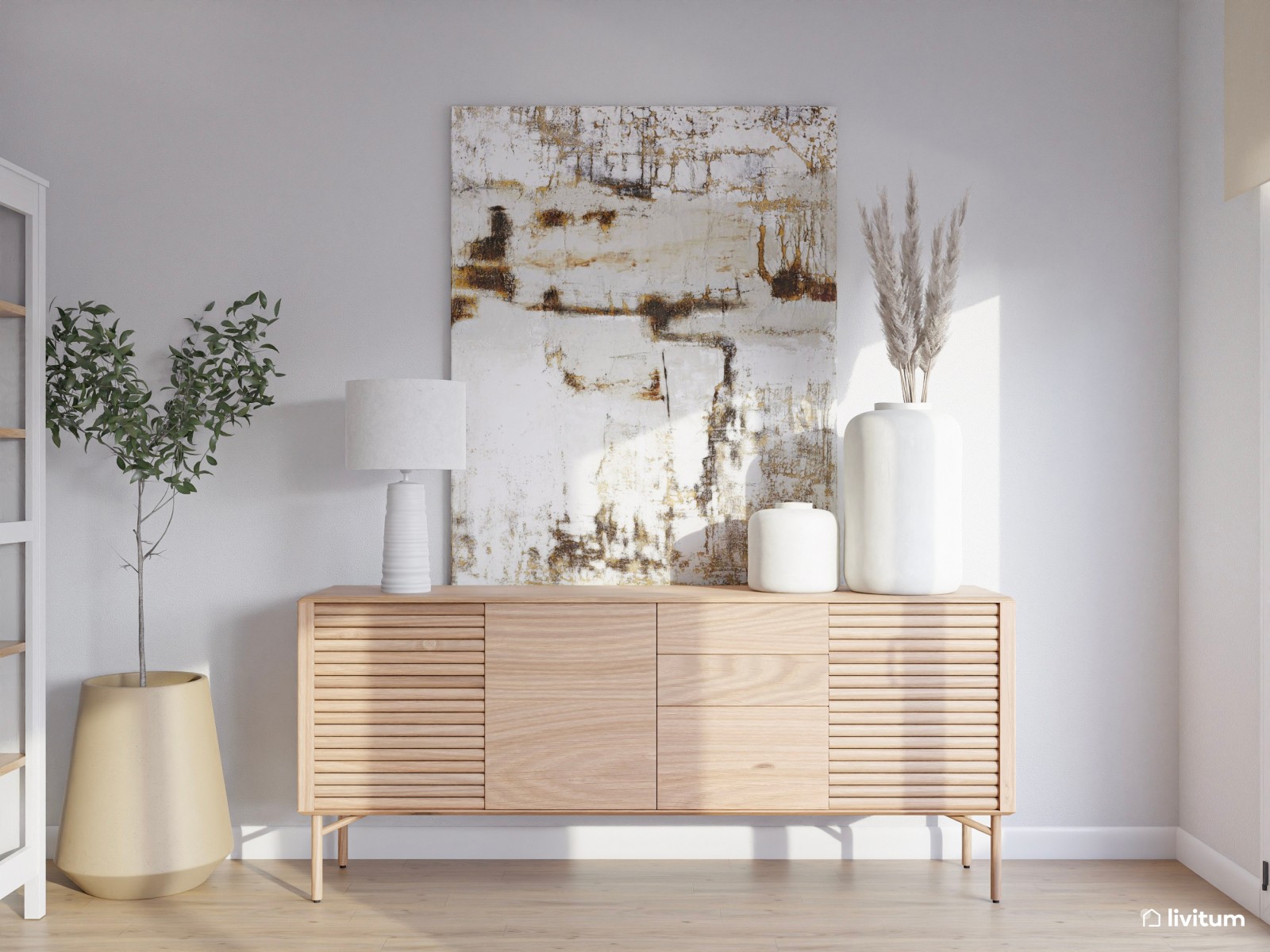 Salón comedor nórdico en tonos claros con zona de juego infantil