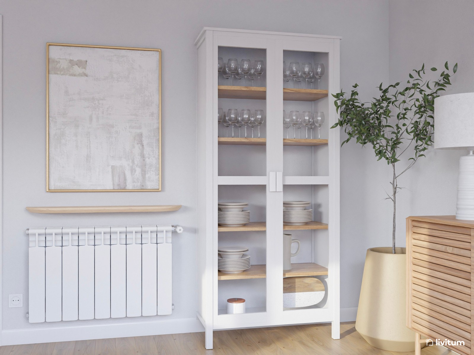 Salón comedor nórdico en tonos claros con zona de juego infantil