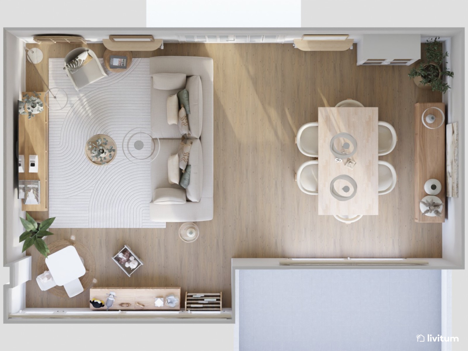 Salón comedor nórdico en tonos claros con zona de juego infantil