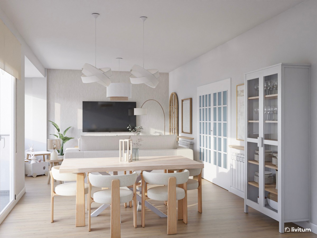 Salón comedor nórdico en tonos claros con zona de juego infantil