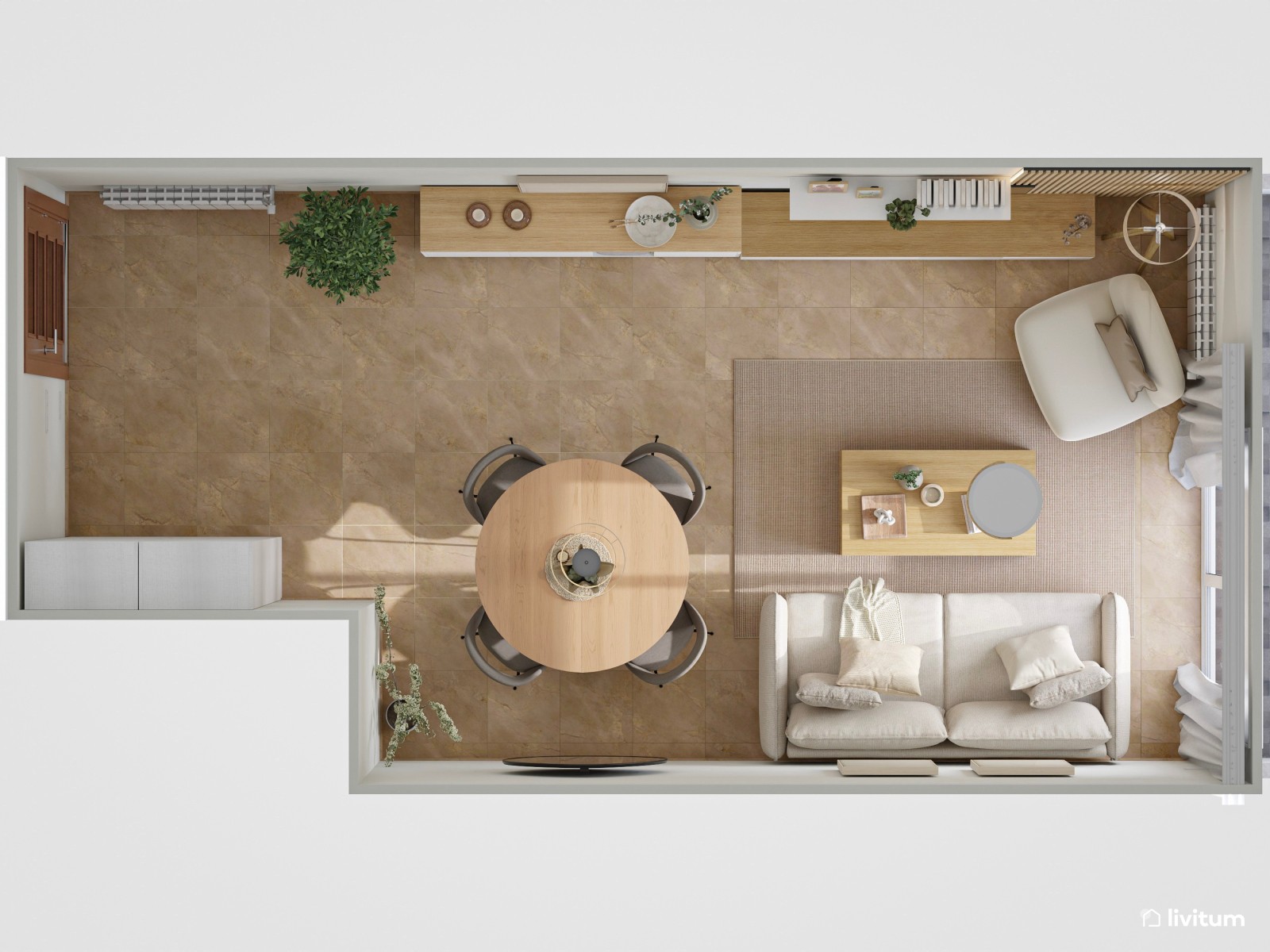 Salón comedor nórdico en tonos claros y madera