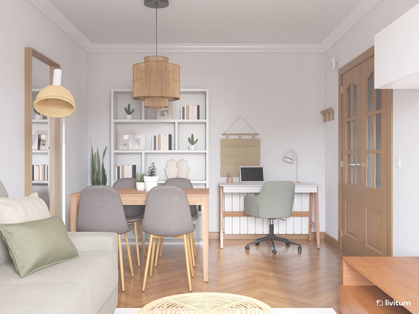 Salón comedor nórdico en tonos claros - Livitum.com
