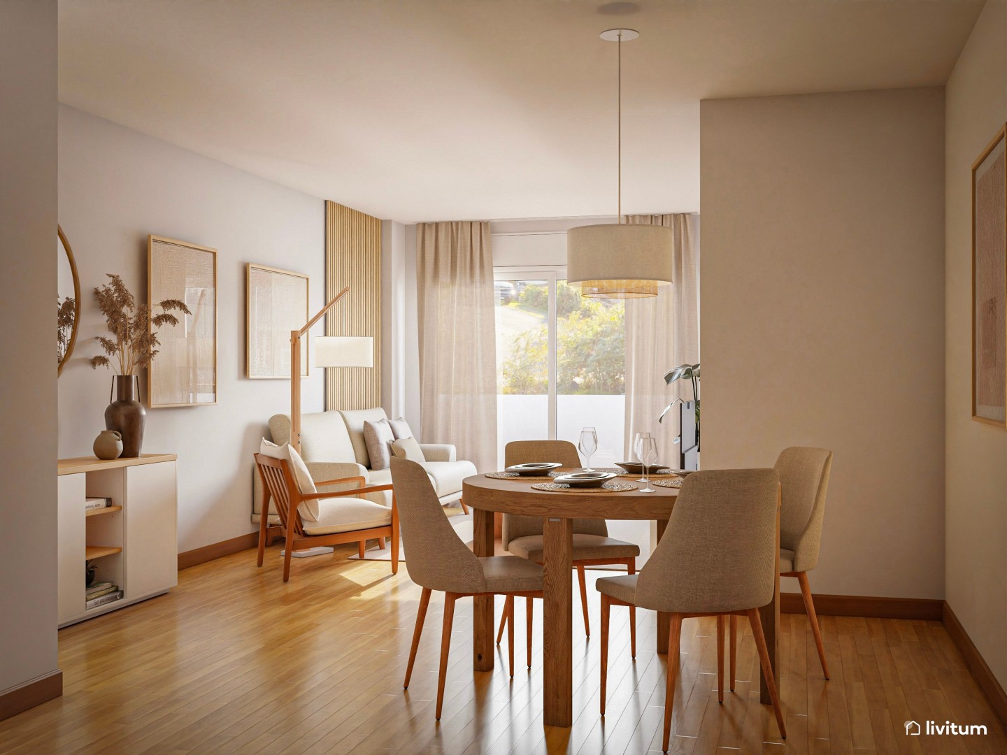 Salón comedor nórdico muy luminoso y fresco - Livitum.com