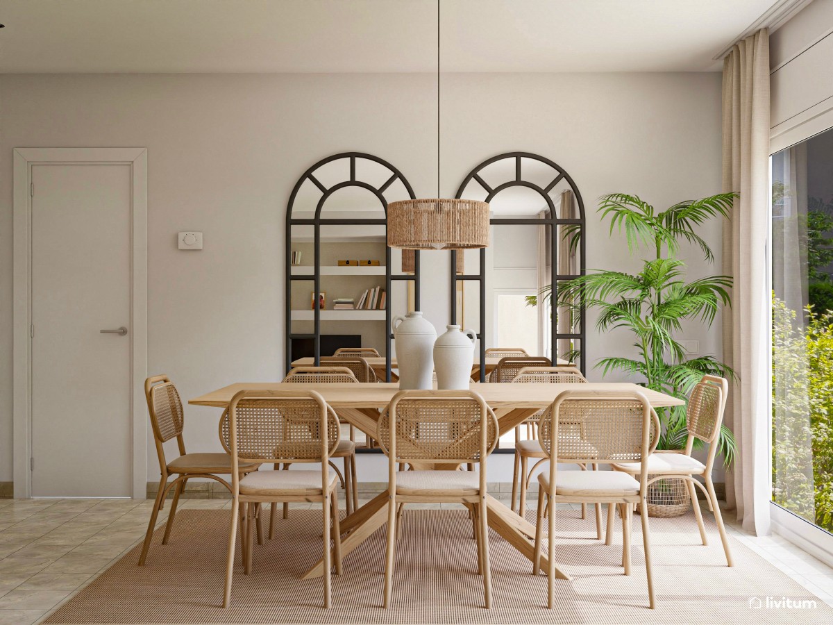 Salón comedor nórdico-rústico en tonos suaves y detalles elegantes