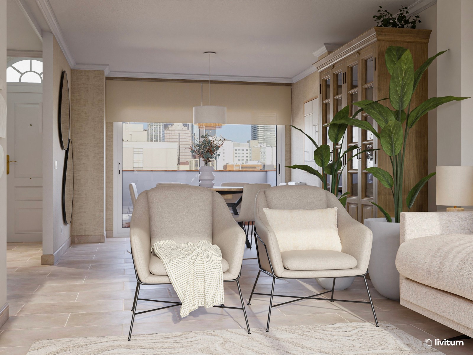 Salón comedor nórdico- rústico en tonos tierra y con dos sofás 
