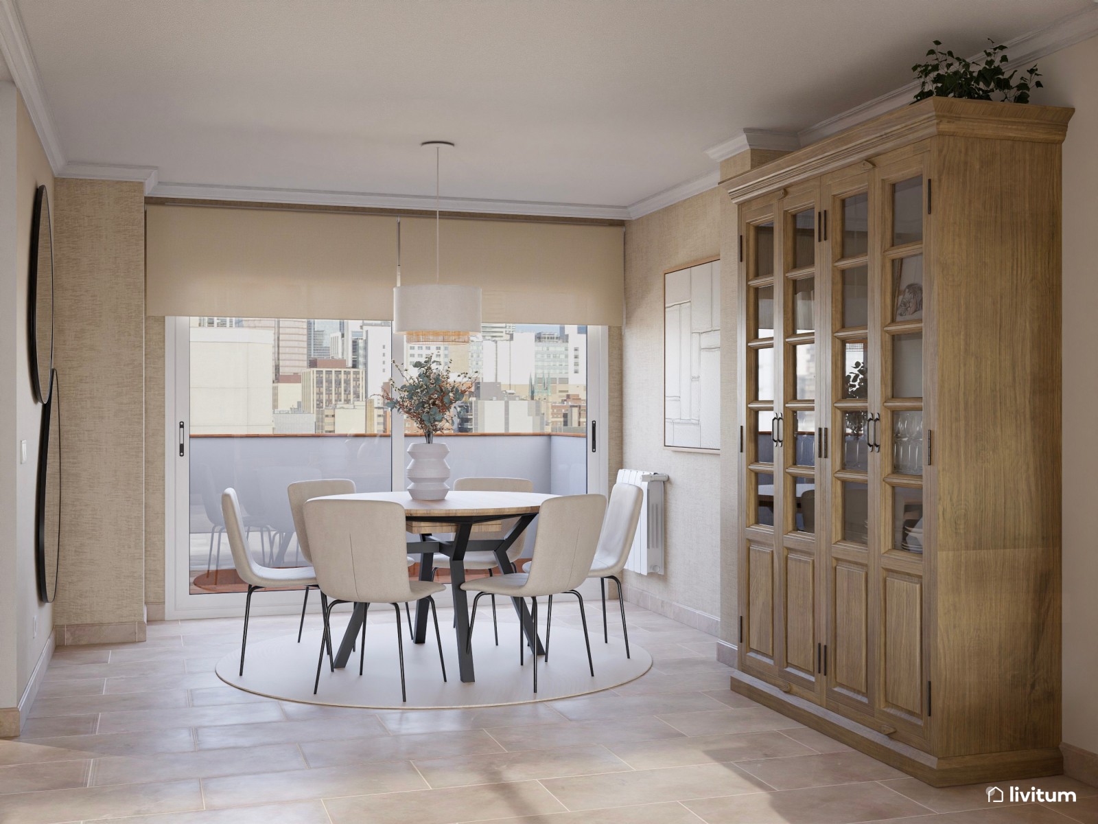 Salón comedor nórdico- rústico en tonos tierra y con dos sofás 