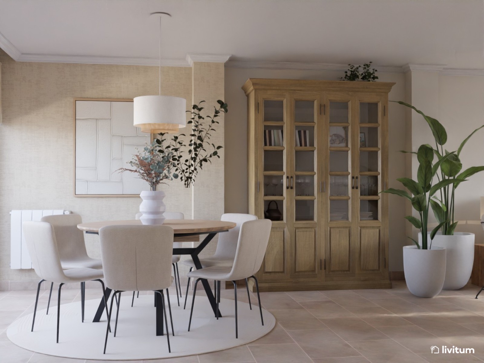 Salón comedor nórdico- rústico en tonos tierra y con dos sofás 