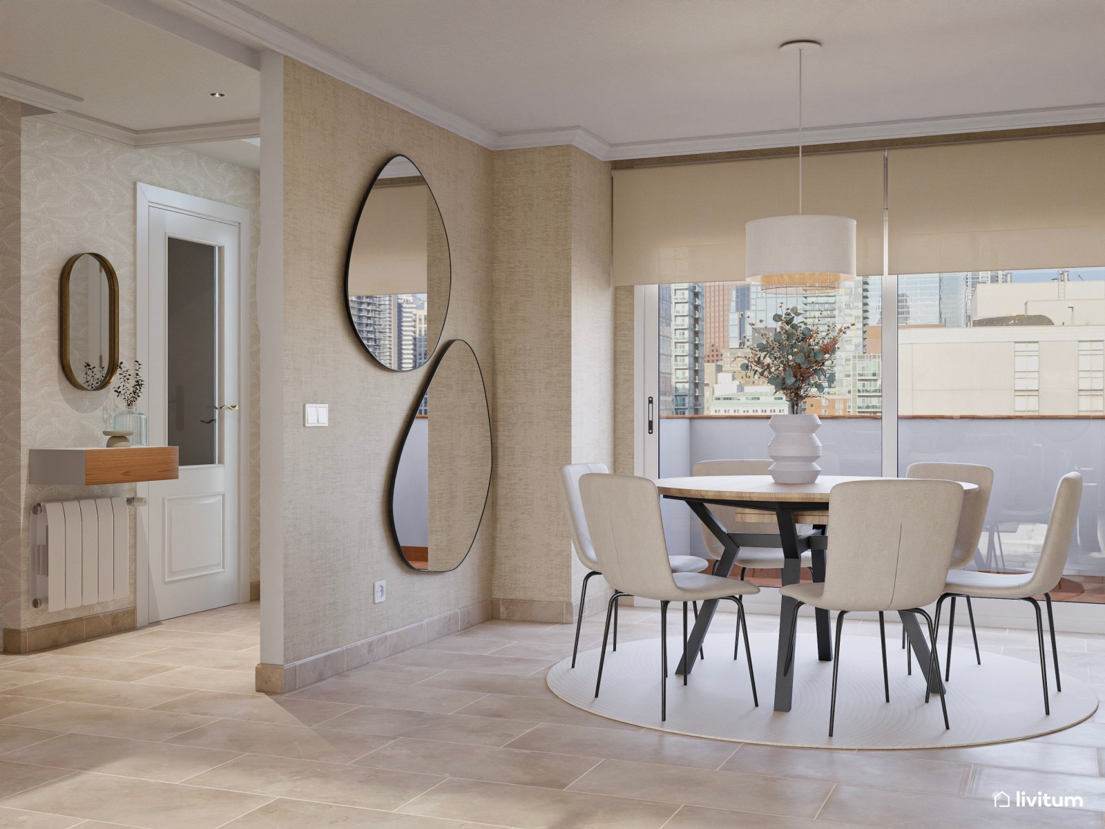 Salón comedor nórdico- rústico en tonos tierra y con dos sofás 