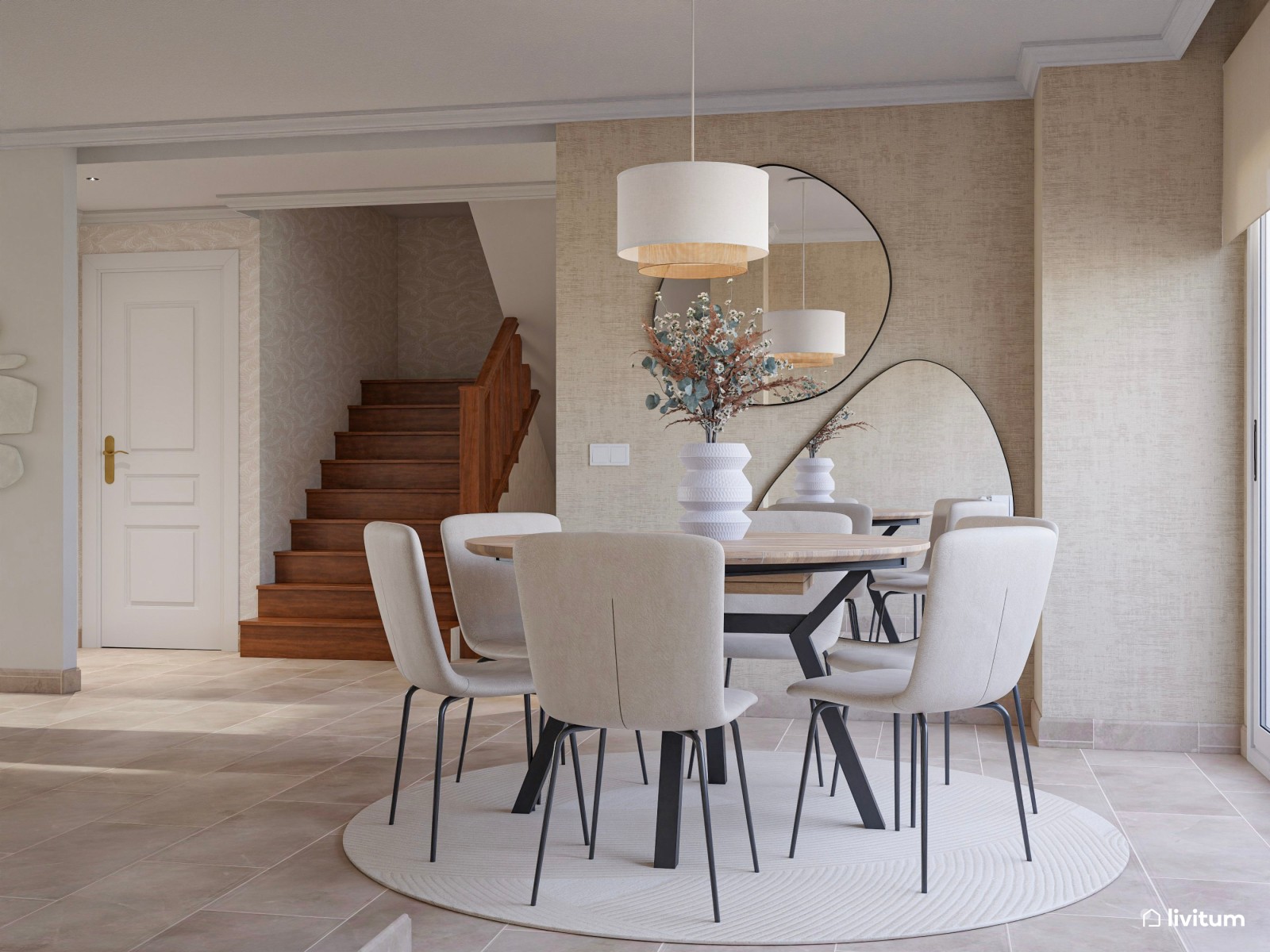 Salón comedor nórdico- rústico en tonos tierra y con dos sofás 
