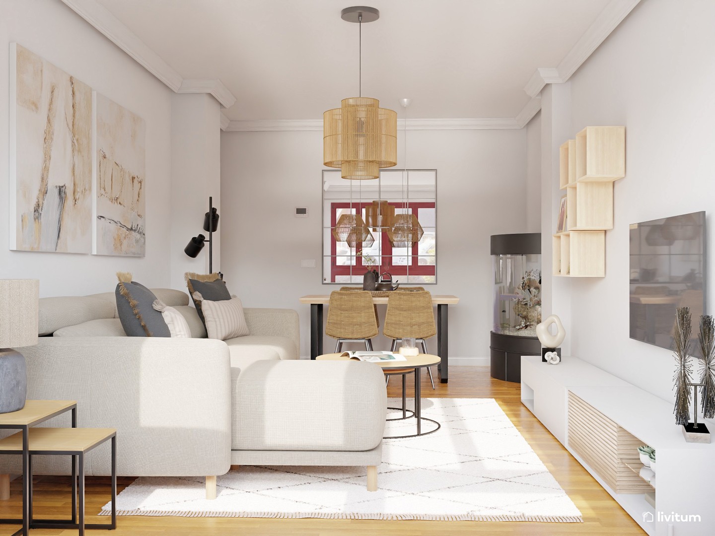 Salón comedor nórdico y colonial con fibras naturales - Livitum.com