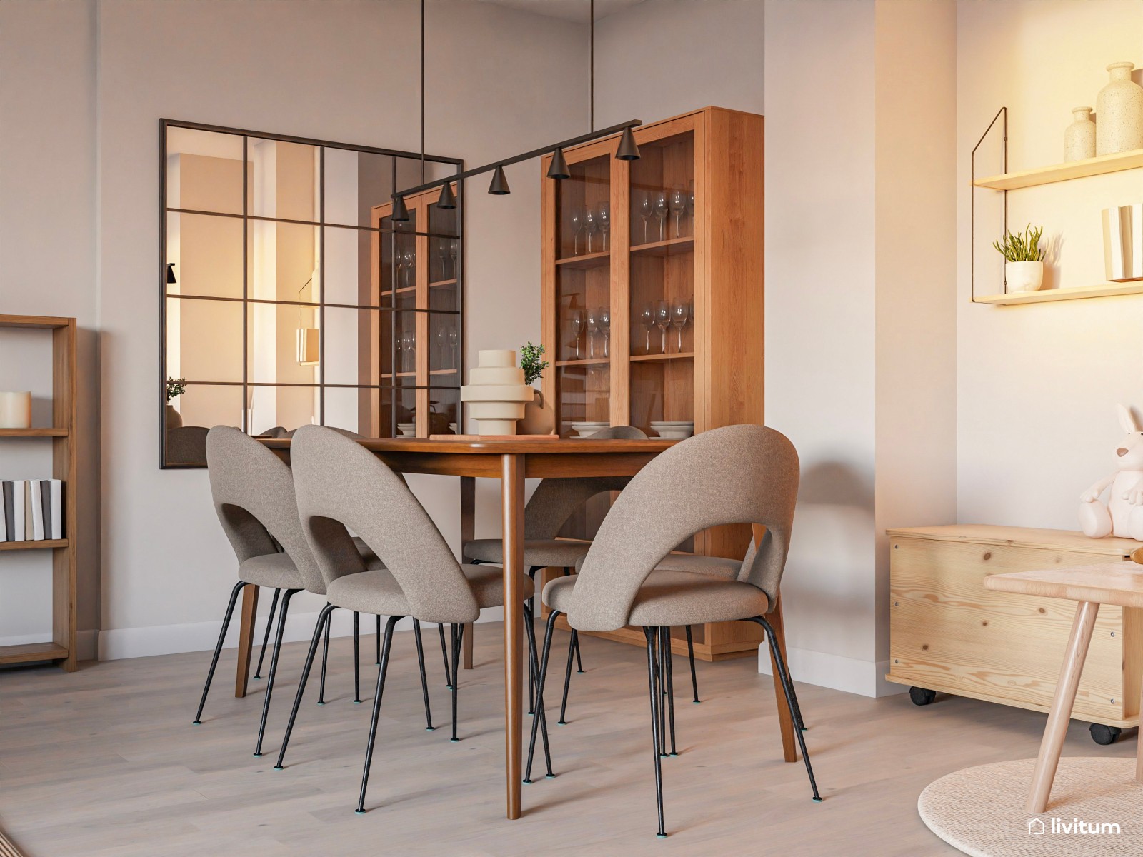 Salón comedor nórdico y colonial en tonos beige 