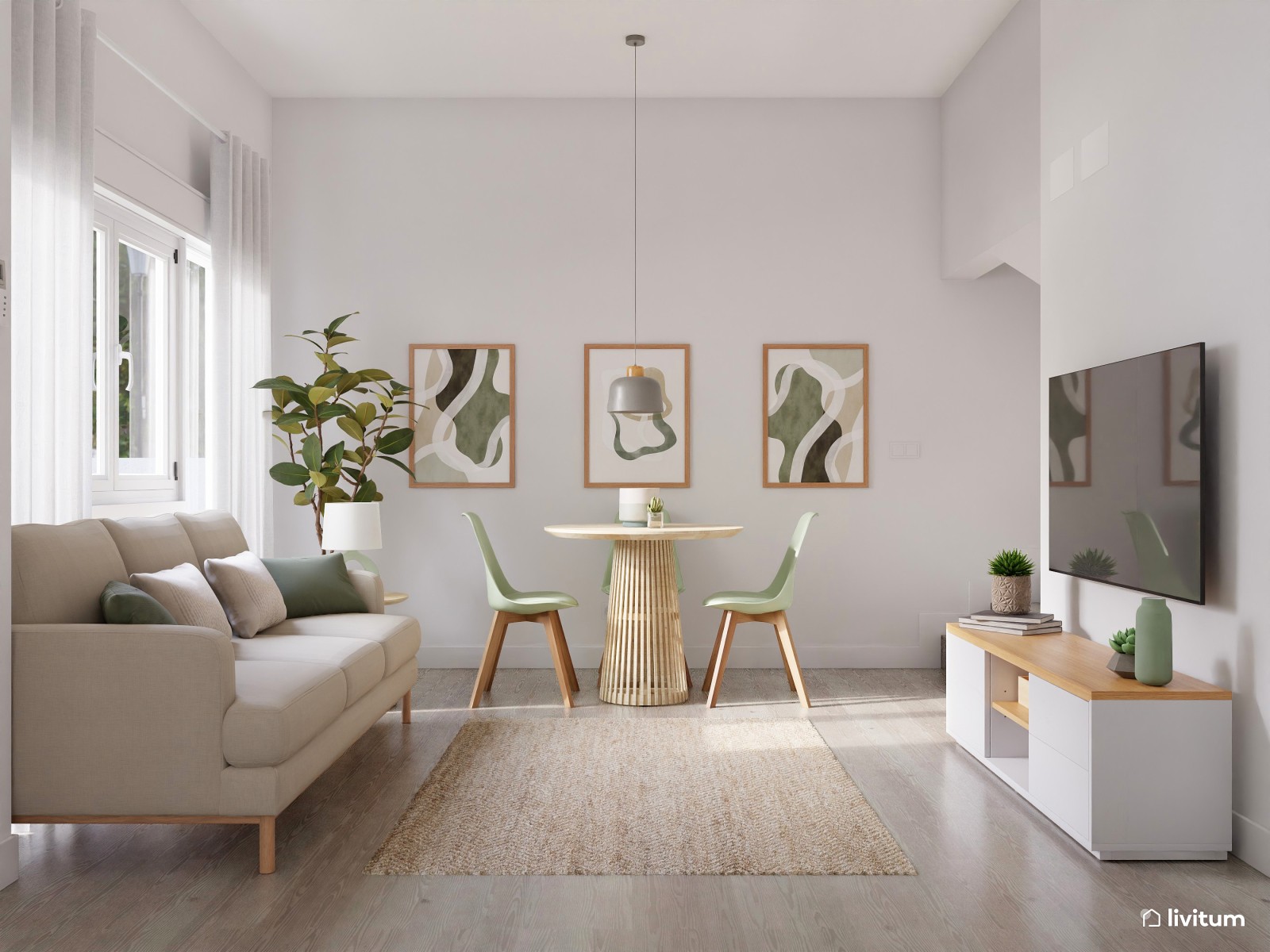 Salón comedor nórdico y minimalista en beige y verde 