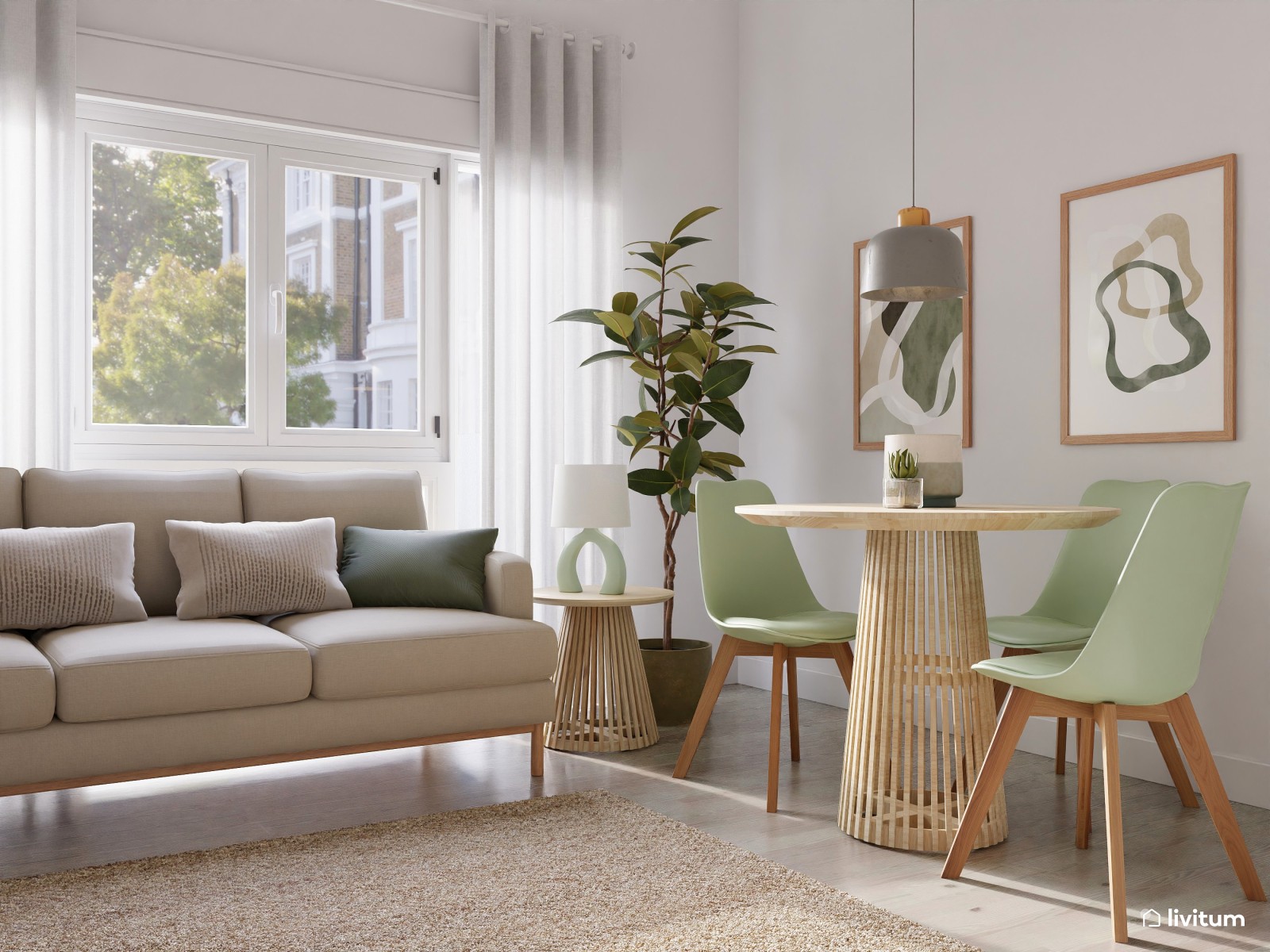 Salón comedor nórdico y minimalista en beige y verde 