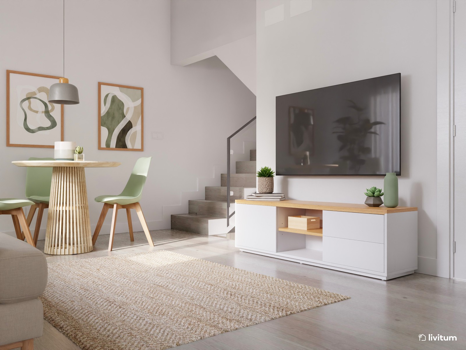 Salón comedor nórdico y minimalista en beige y verde 