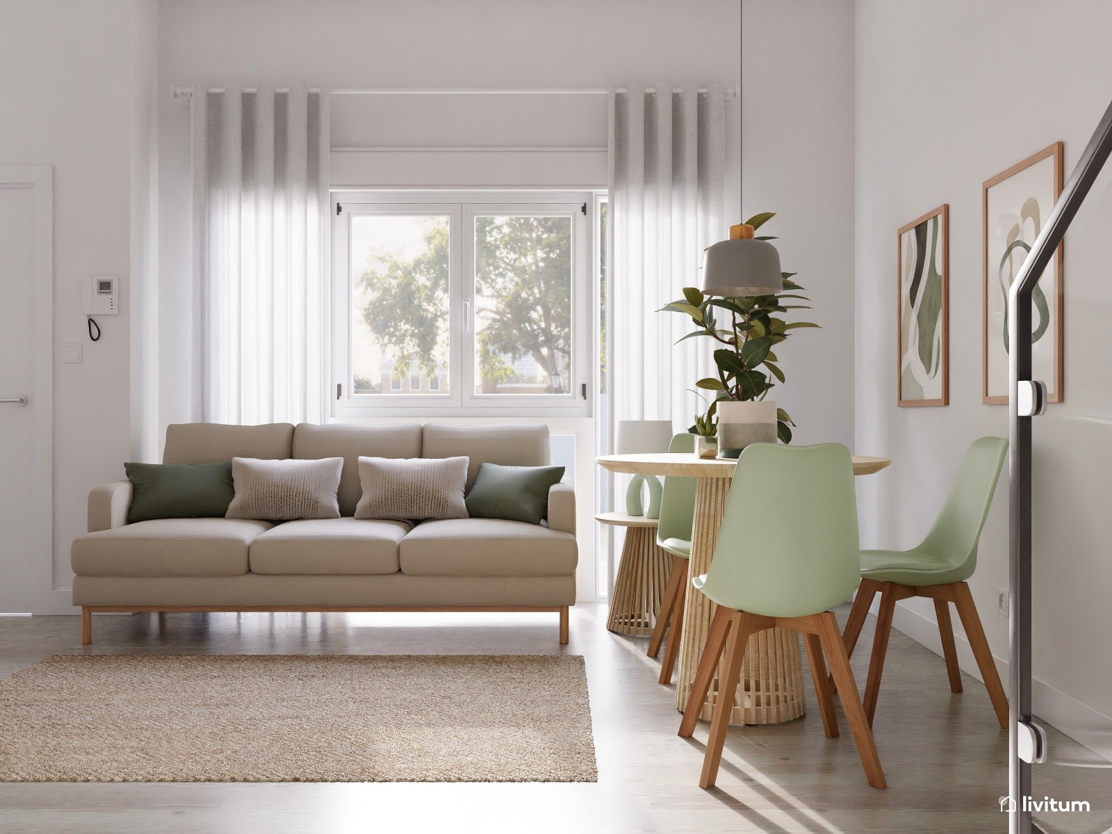 Salón comedor nórdico y minimalista en beige y verde 