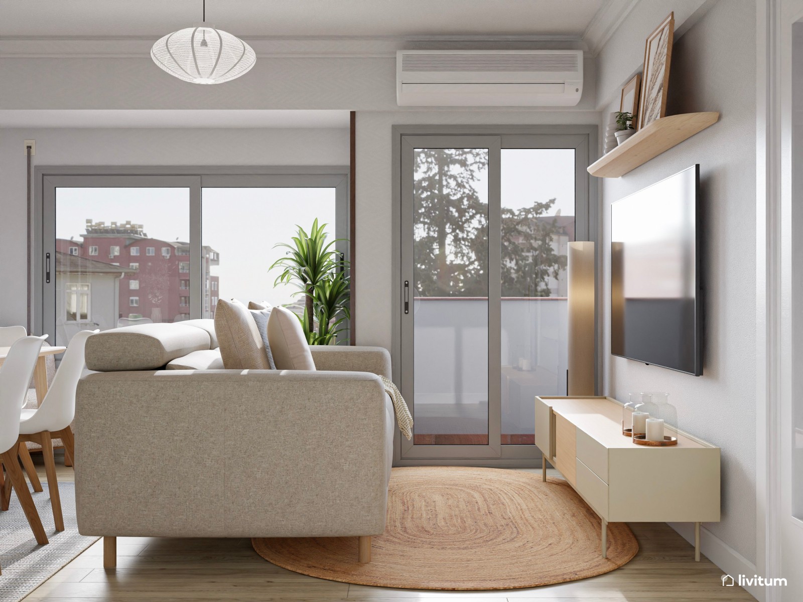 Salón comedor nórdico y moderno con luz natural 