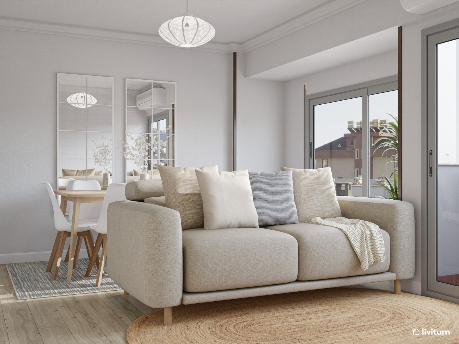 Salón comedor nórdico y moderno con luz natural 