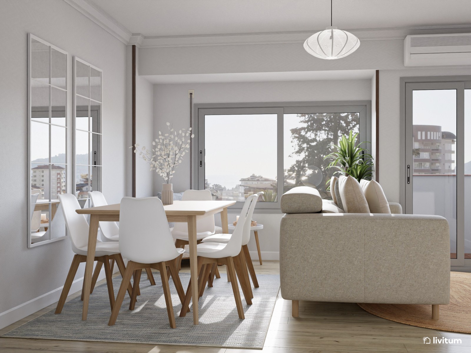 Salón comedor nórdico y moderno con luz natural 