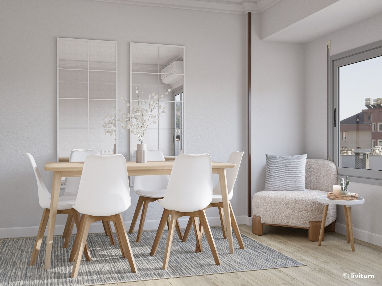 Salón comedor nórdico y moderno con luz natural 