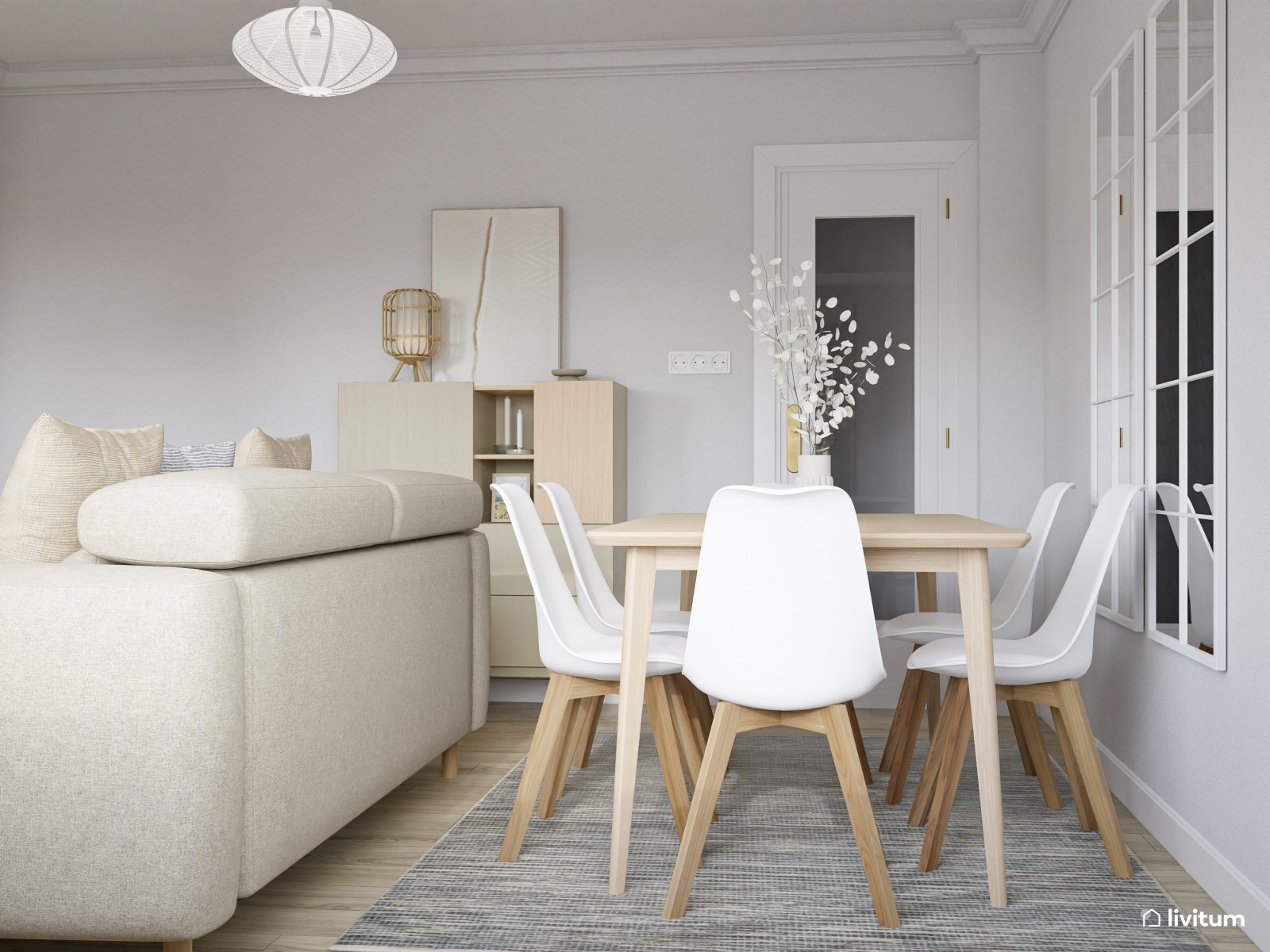 Salón comedor nórdico y moderno con luz natural 