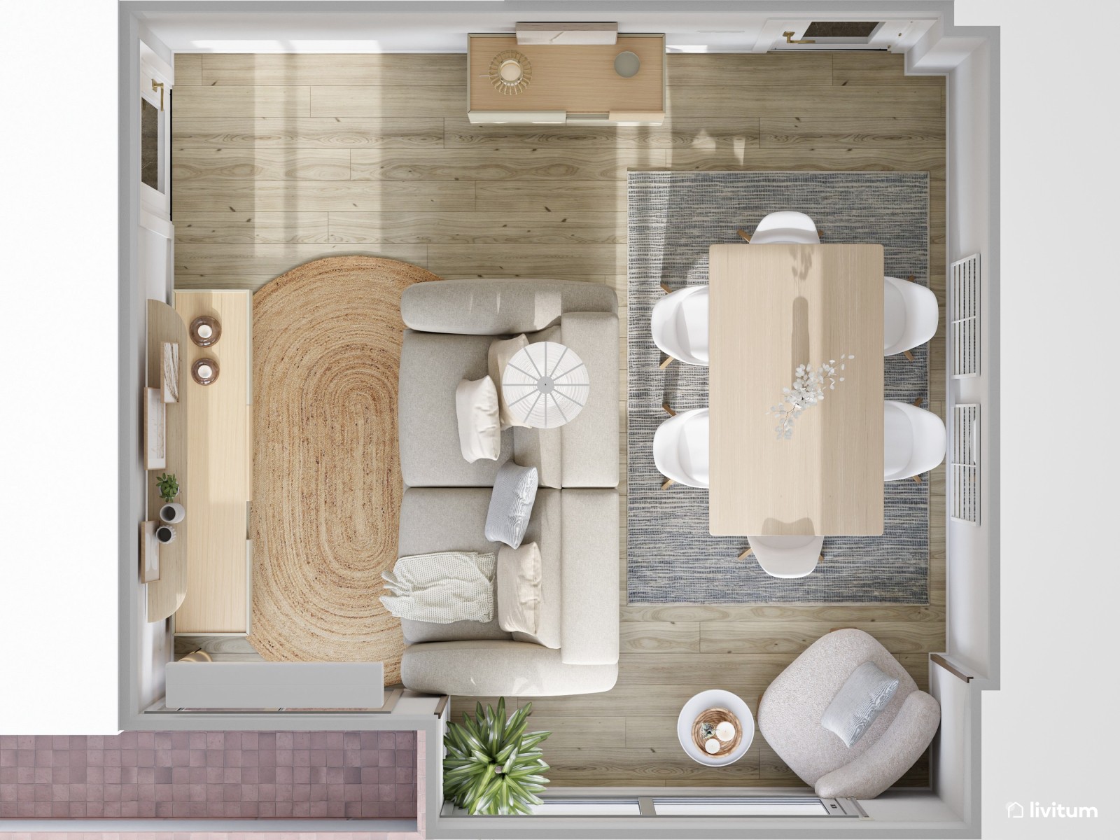 Salón comedor nórdico y moderno con luz natural 