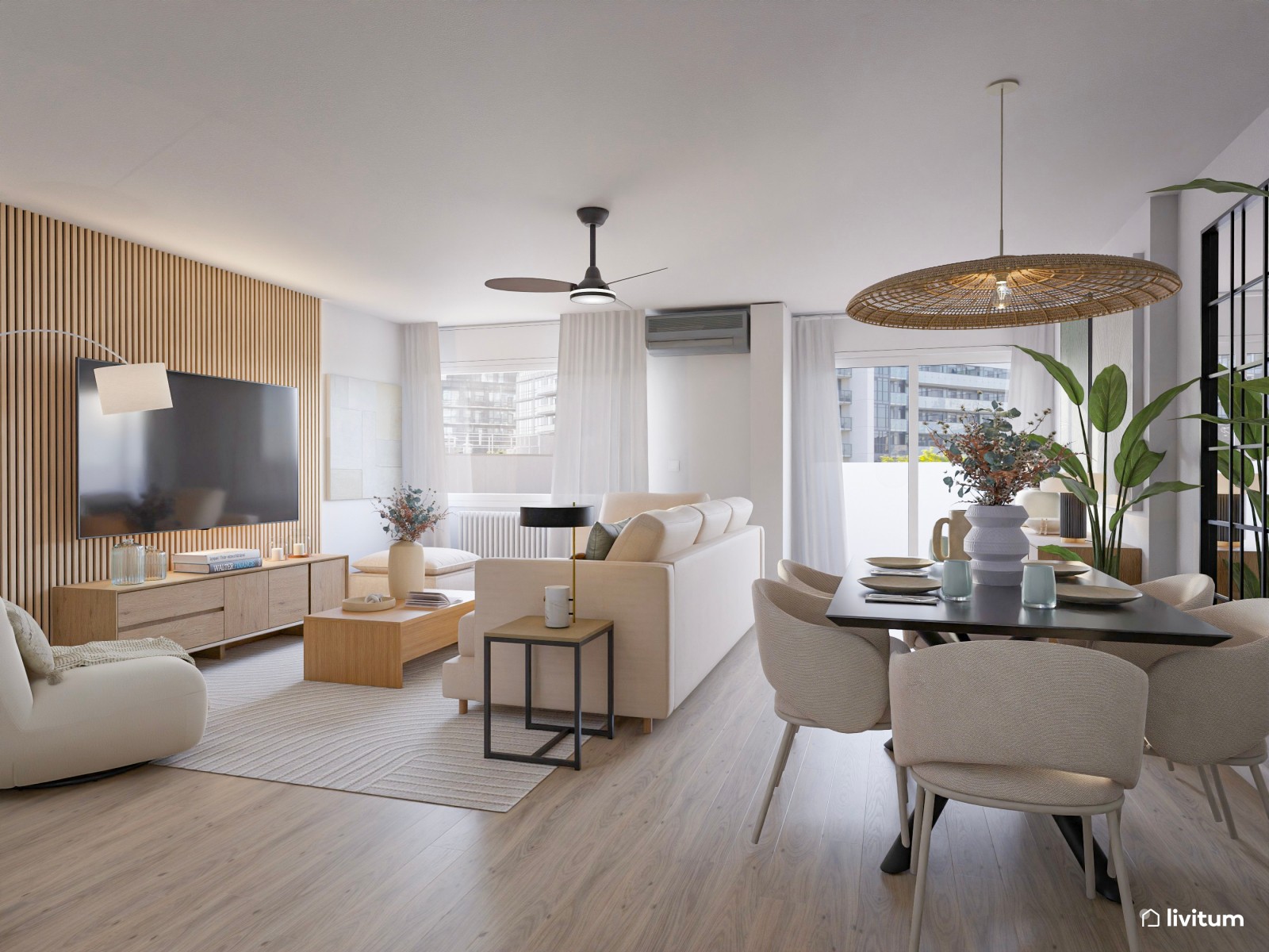 Salón comedor nórdico y moderno con pared revestida de listones de madera