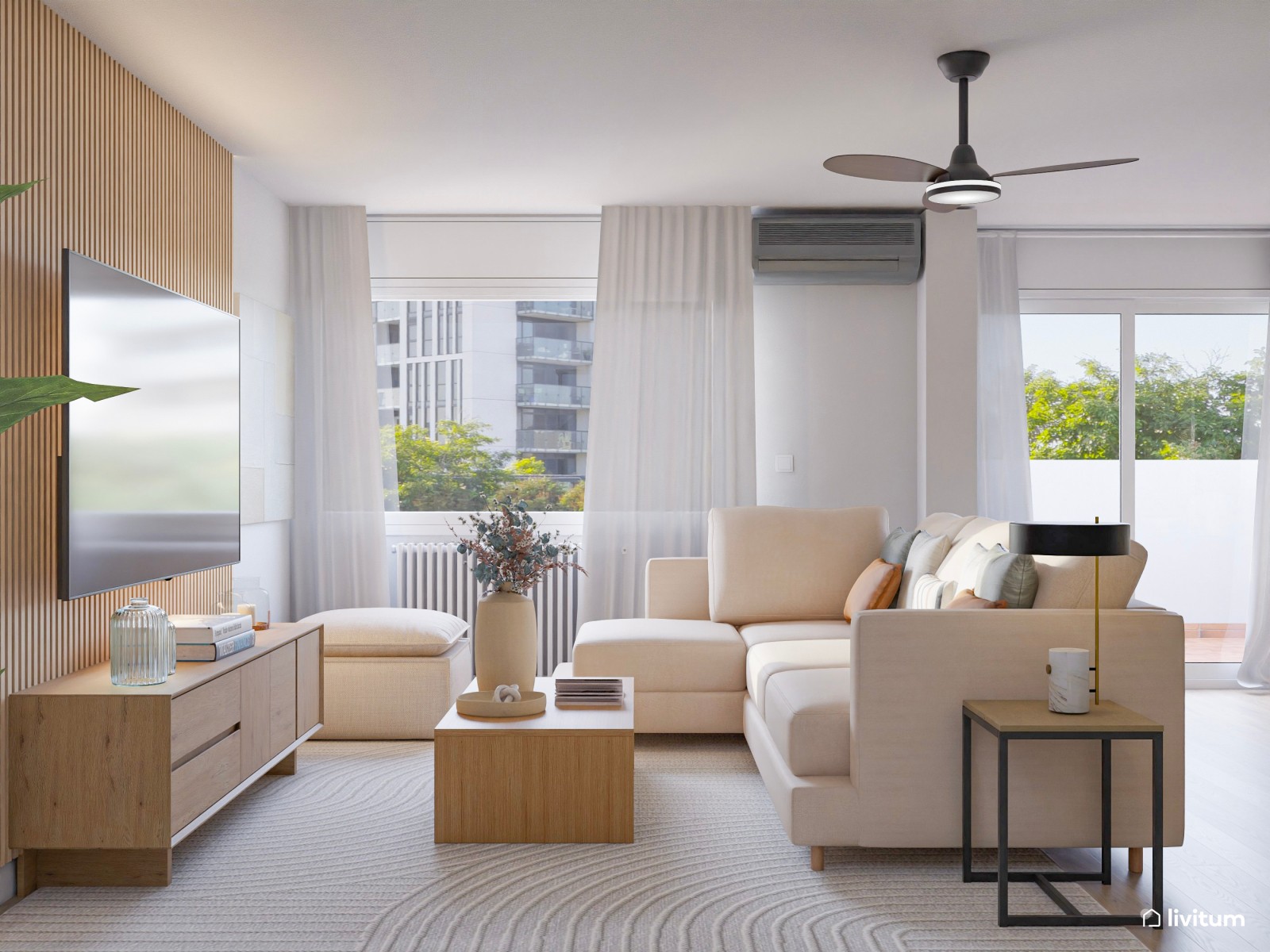 Salón comedor nórdico y moderno con pared revestida de listones de madera