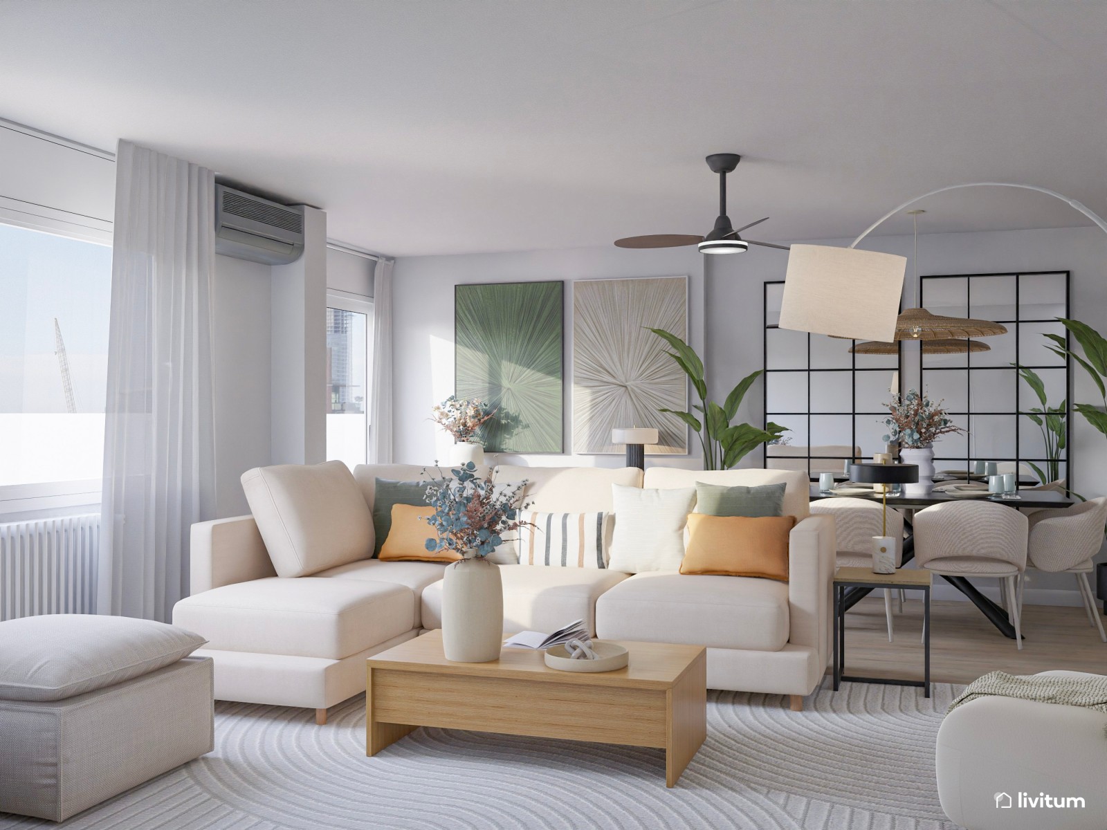 Salón comedor nórdico y moderno con pared revestida de listones de madera