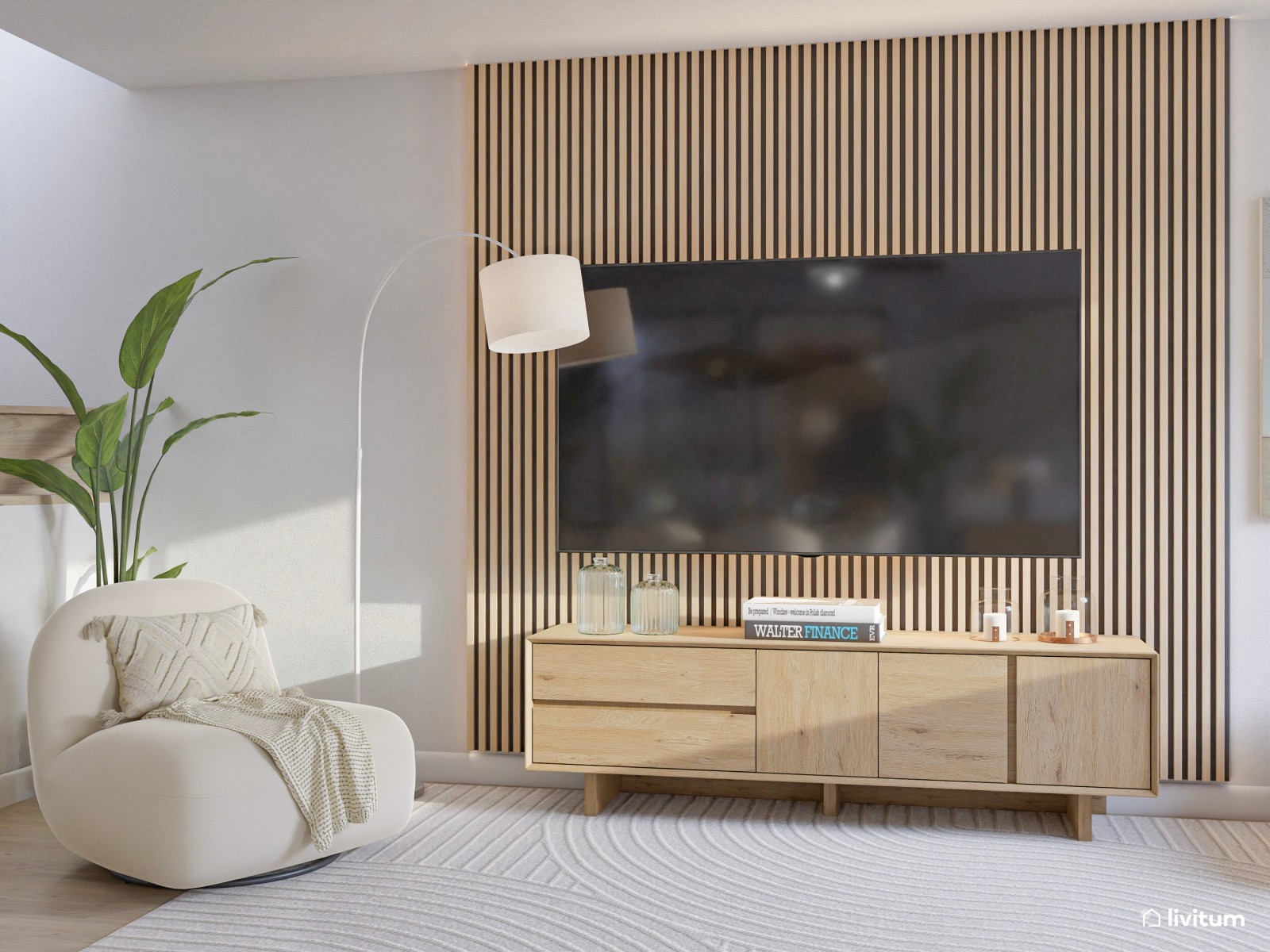 Salón comedor nórdico y moderno con pared revestida de listones de madera