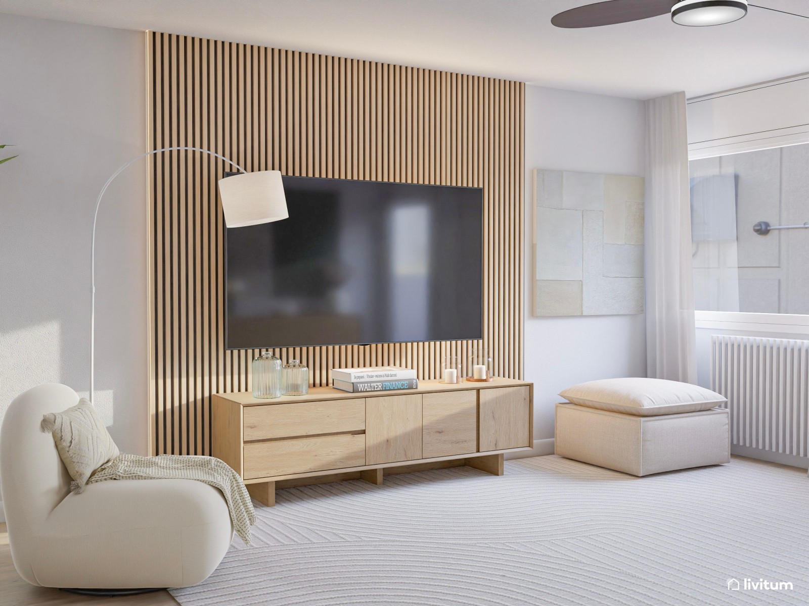 Salón comedor nórdico y moderno con pared revestida de listones de madera