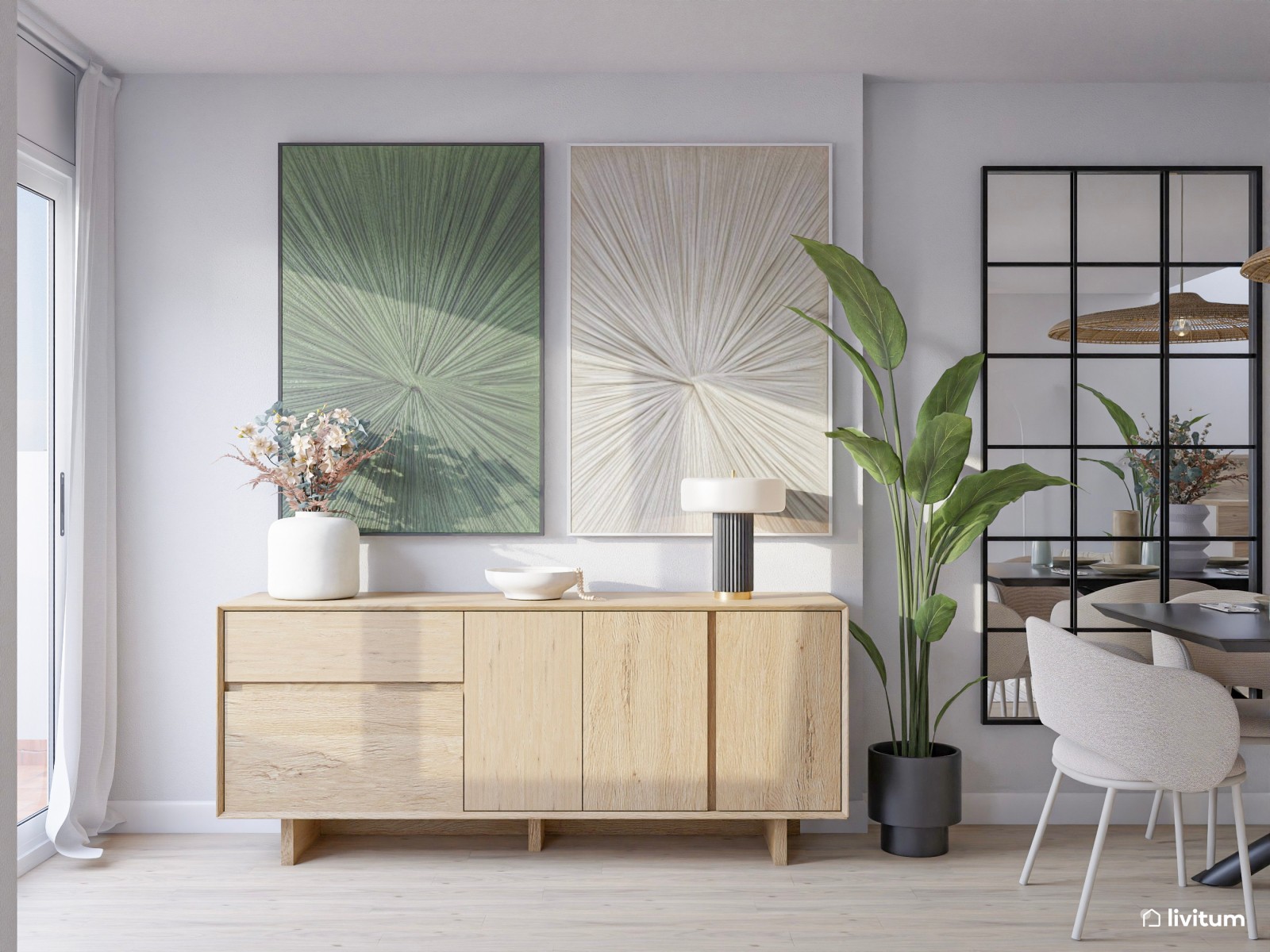 Salón comedor nórdico y moderno con pared revestida de listones de madera