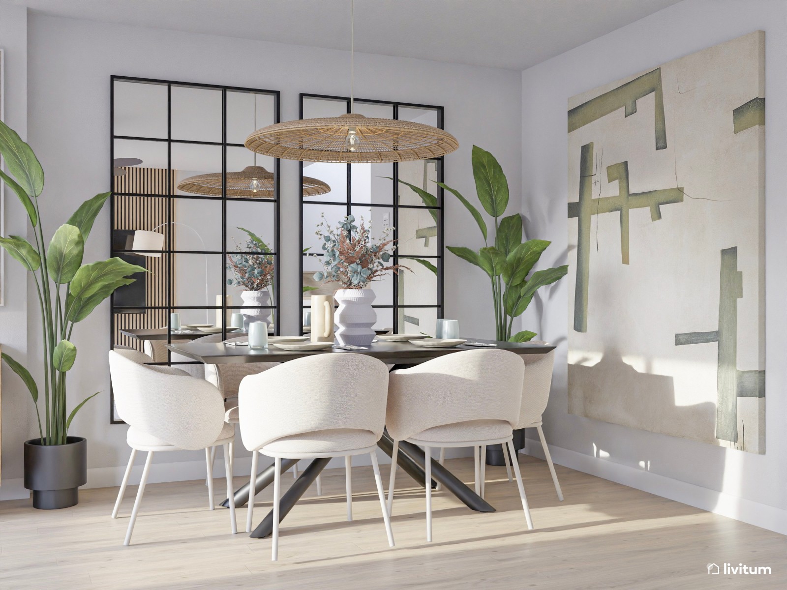 Salón comedor nórdico y moderno con pared revestida de listones de madera
