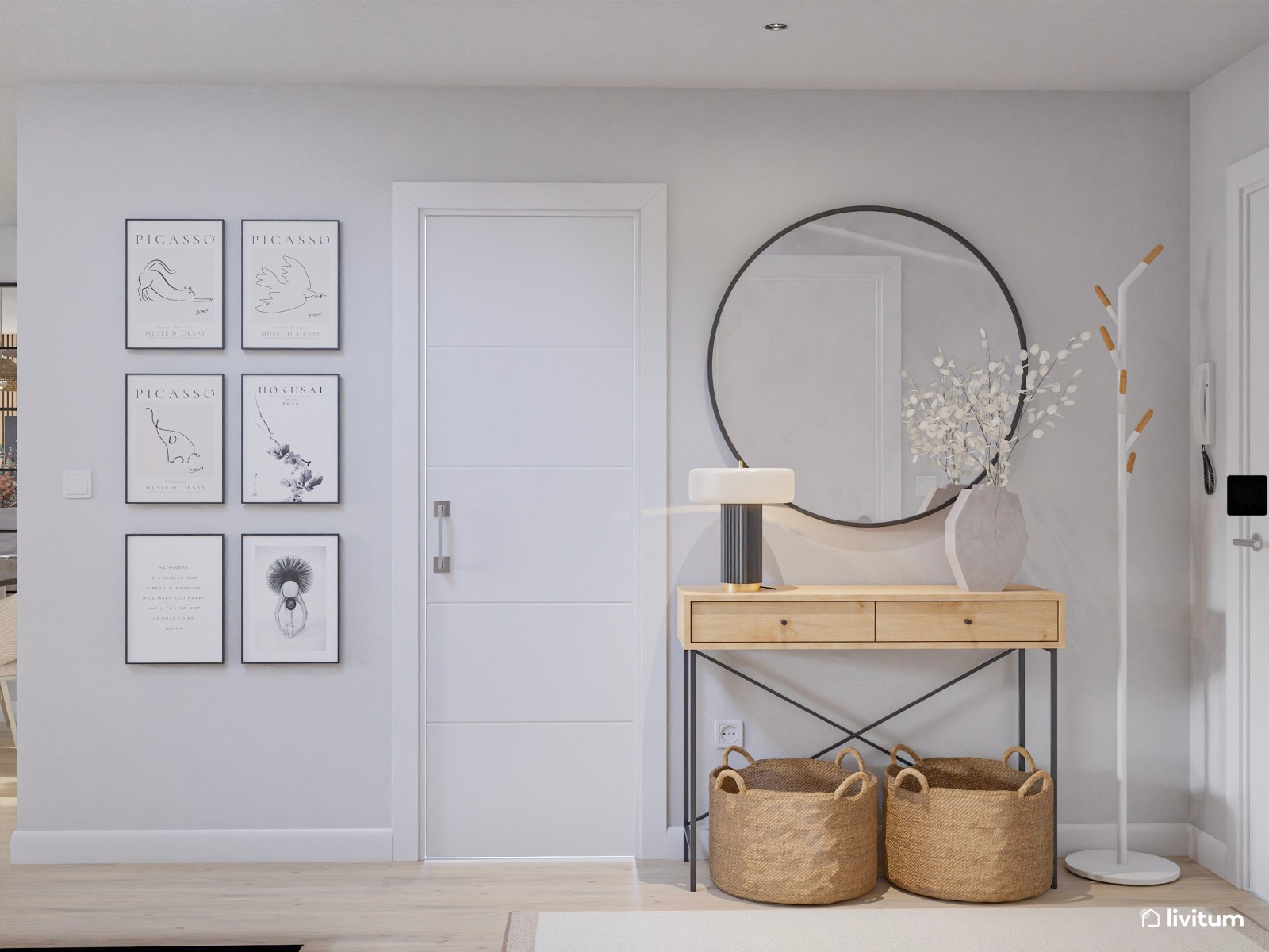 Salón comedor nórdico y moderno con pared revestida de listones de madera