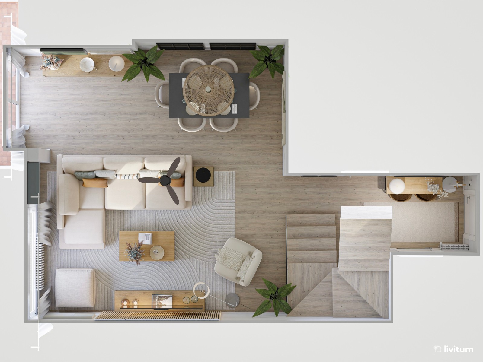 Salón comedor nórdico y moderno con pared revestida de listones de madera