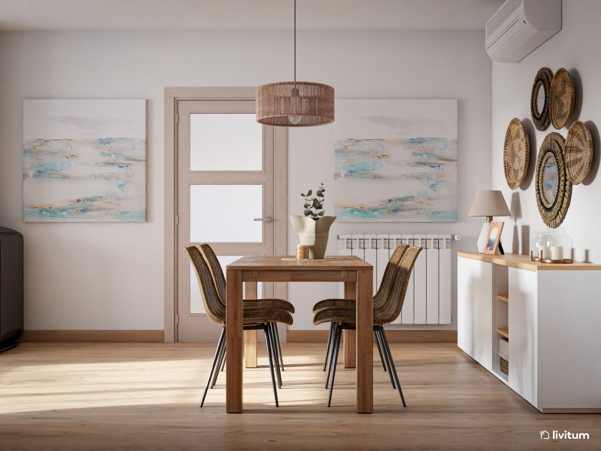 Salón comedor nórdico y rústico con texturas naturales - Livitum.com