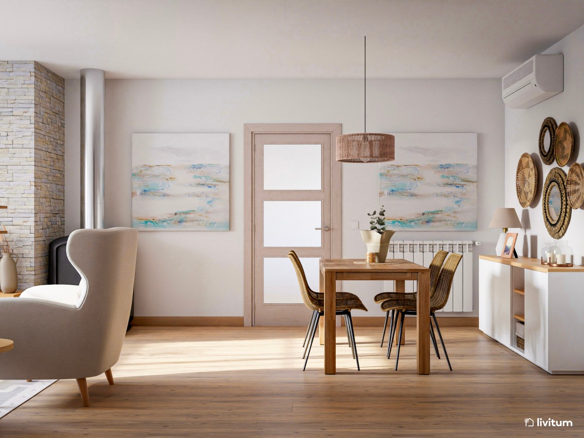 Salón comedor nórdico y rústico con texturas naturales - Livitum.com