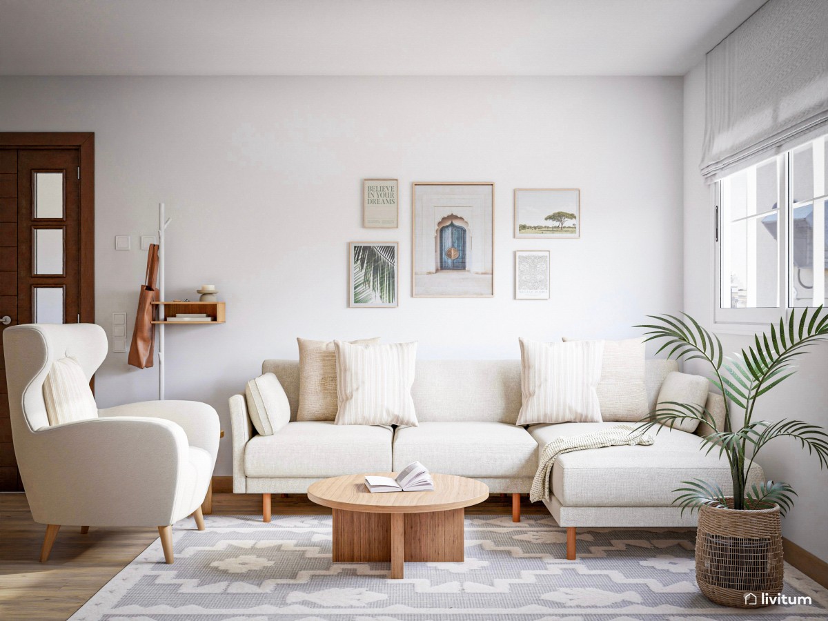 Salón comedor  nórdico y rústico con texturas naturales