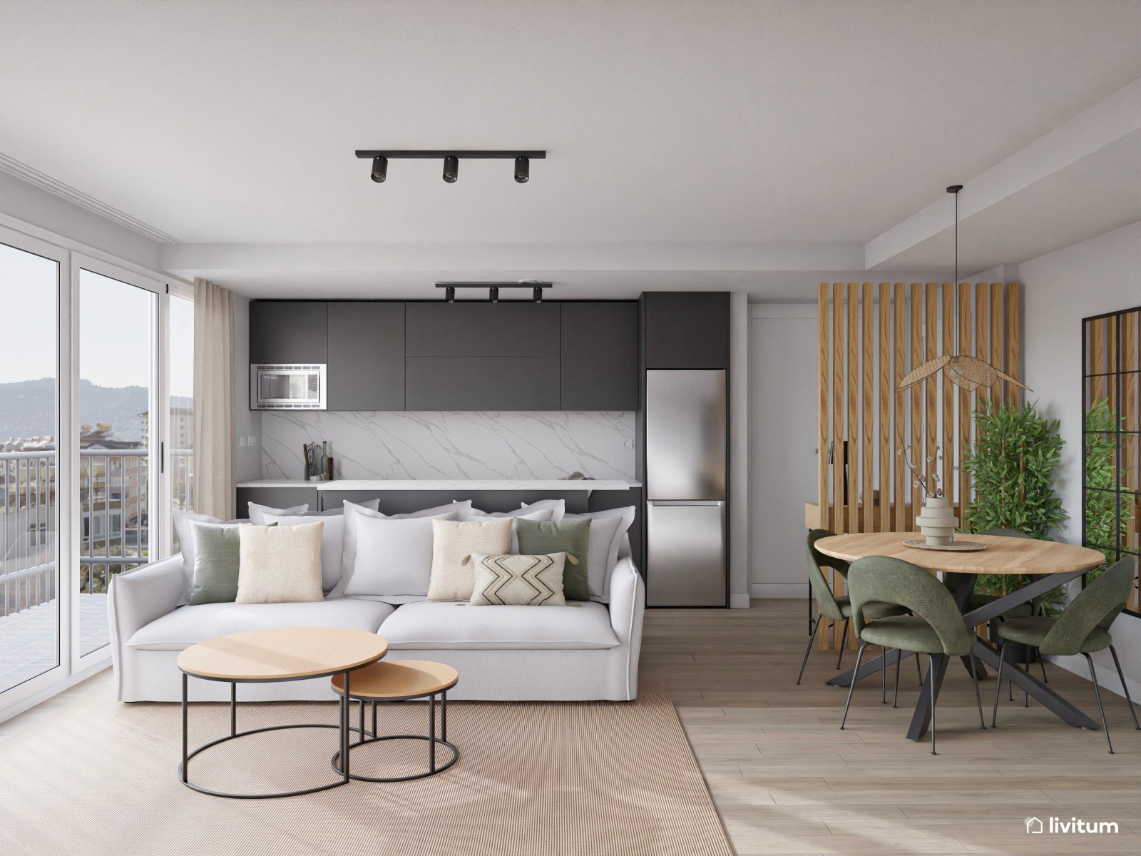 Salón comedor pequeño con cocina abierta de estilo minimalista en negro 