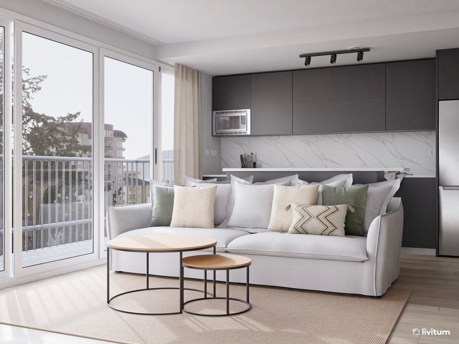 Salón comedor pequeño con cocina abierta de estilo minimalista en negro 