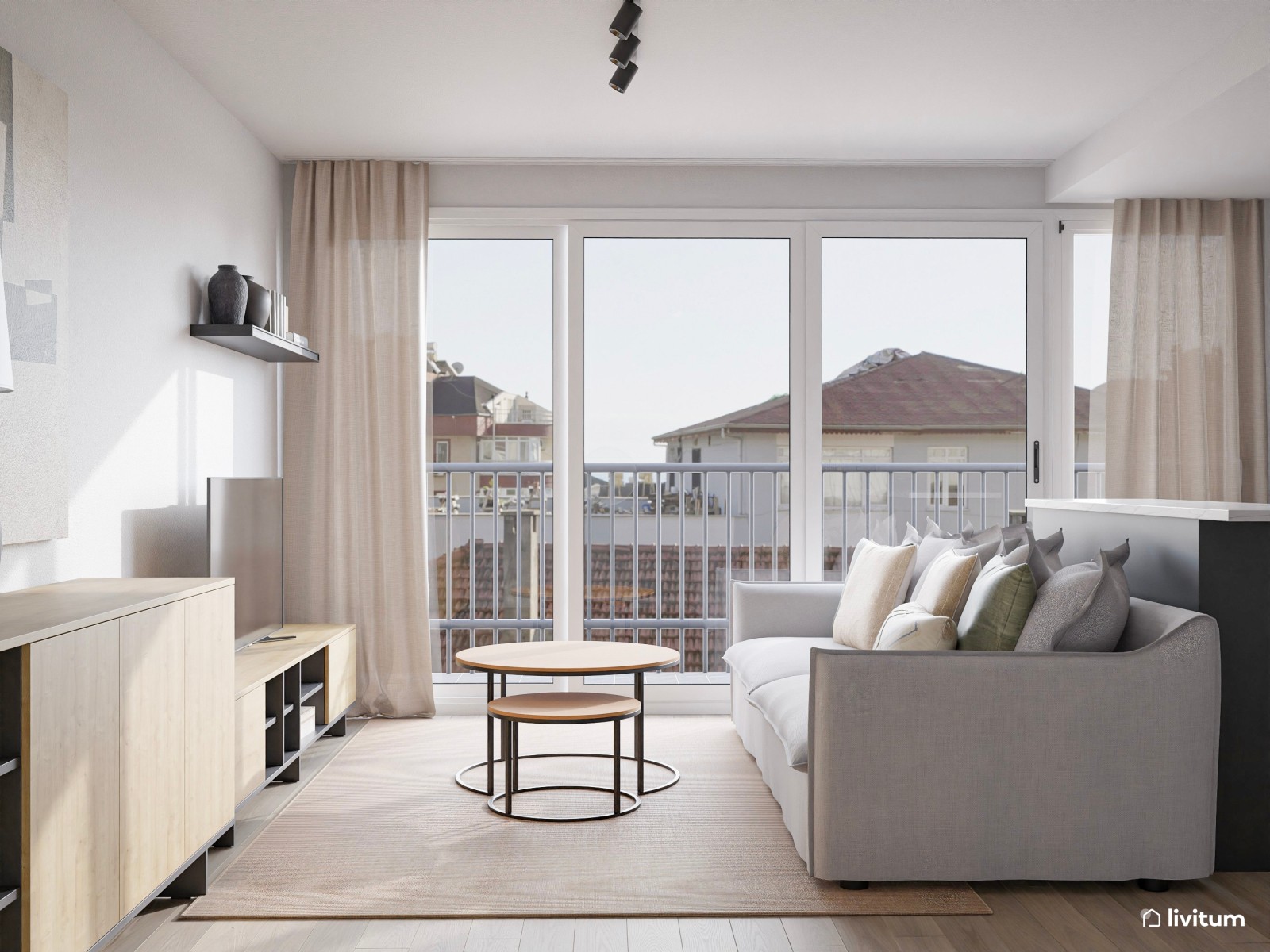 Salón comedor pequeño con cocina abierta de estilo minimalista en negro 