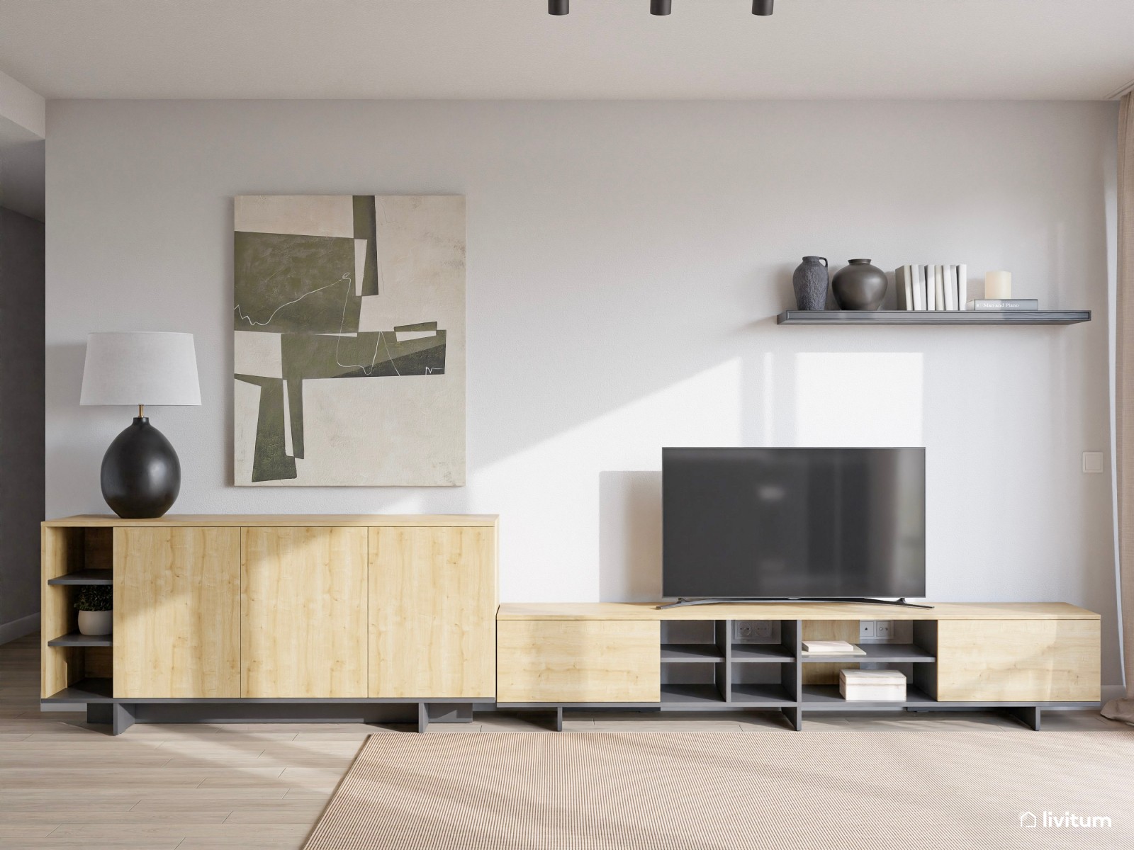 Salón comedor pequeño con cocina abierta de estilo minimalista en negro 