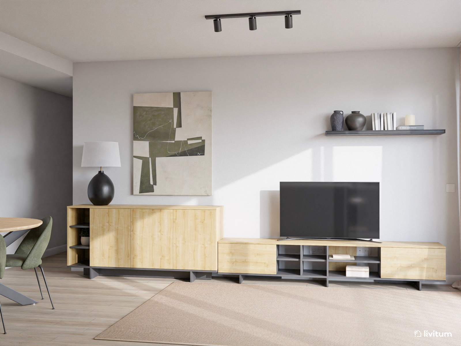 Salón comedor pequeño con cocina abierta de estilo minimalista en negro 