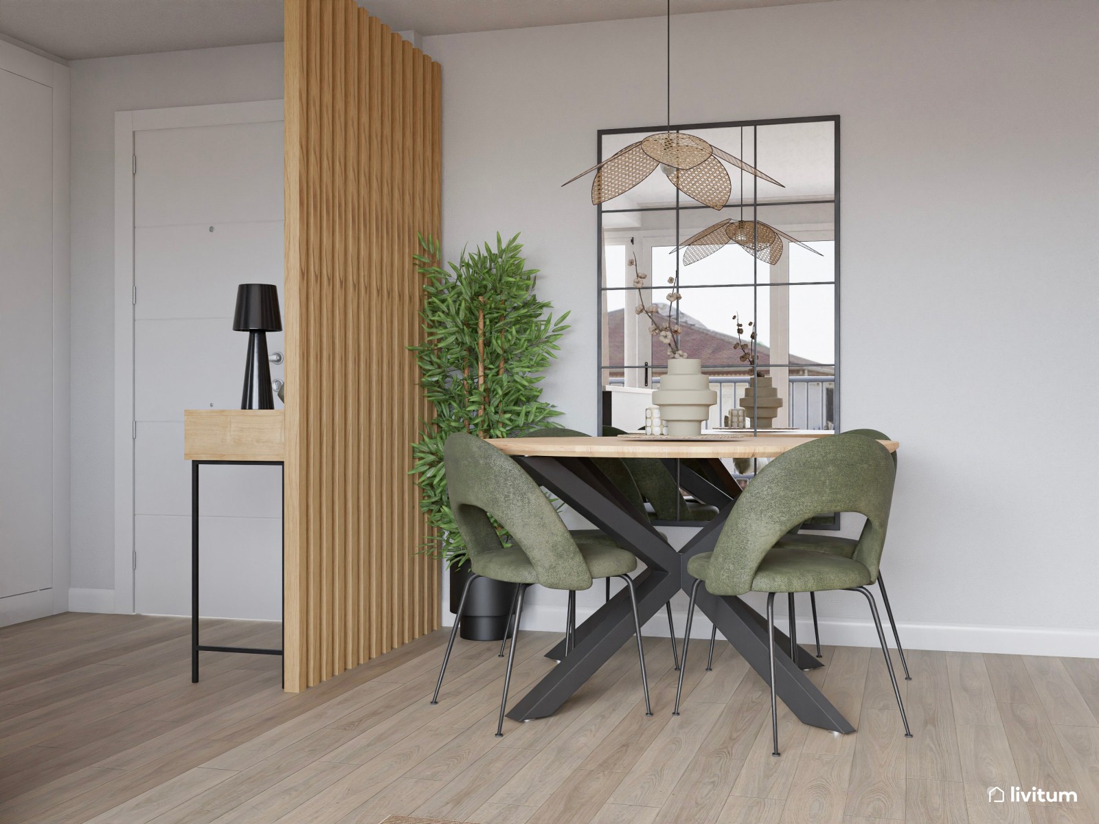 Salón comedor pequeño con cocina abierta de estilo minimalista en negro 