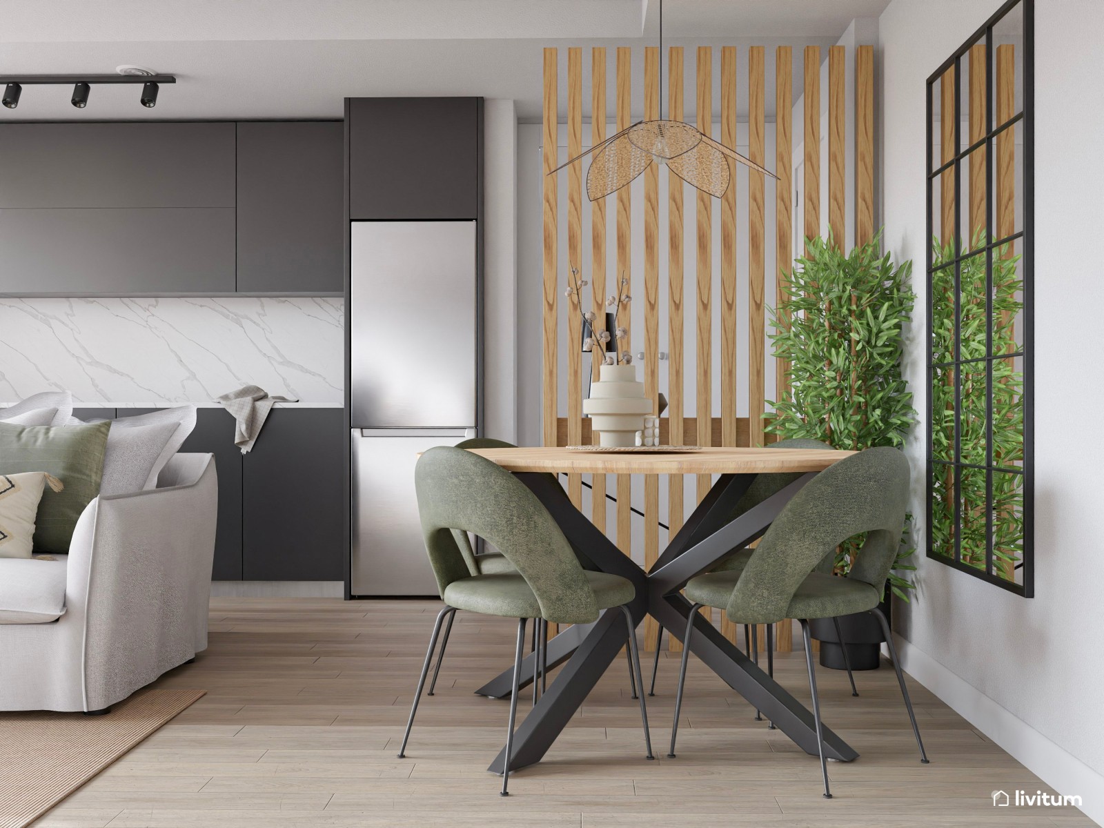 Salón comedor pequeño con cocina abierta de estilo minimalista en negro 