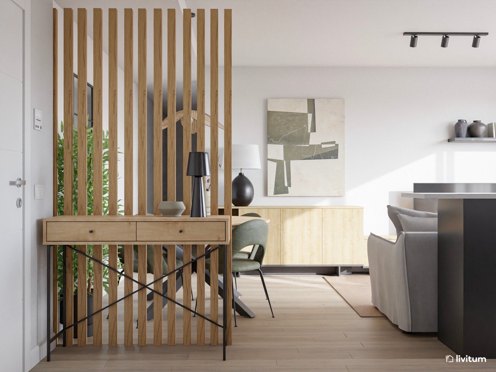 Salón comedor pequeño con cocina abierta de estilo minimalista en negro 