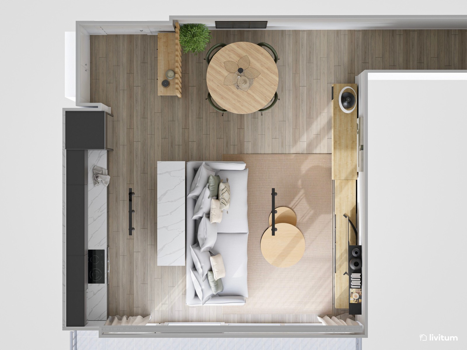 Salón comedor pequeño con cocina abierta de estilo minimalista en negro 