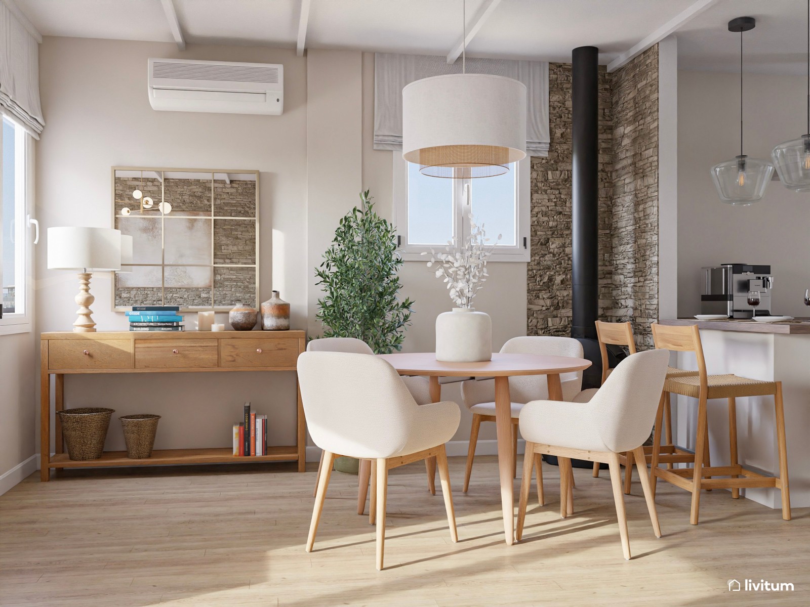 Salón comedor pequeño con cocina abierta de estilo nórdico con paredes de piedra