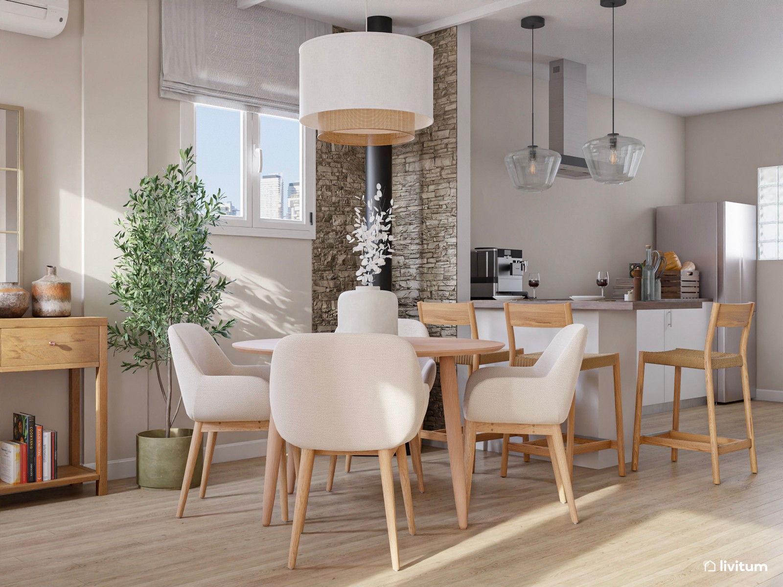 Salón comedor pequeño con cocina abierta de estilo nórdico con paredes de piedra