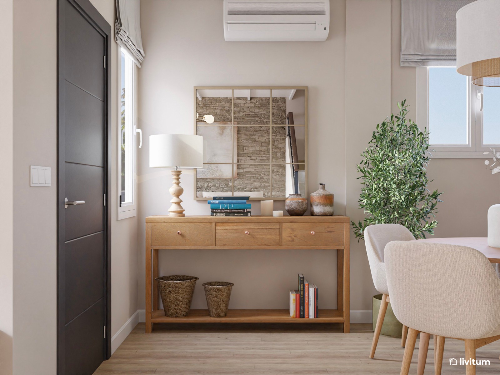 Salón comedor pequeño con cocina abierta de estilo nórdico con paredes de piedra