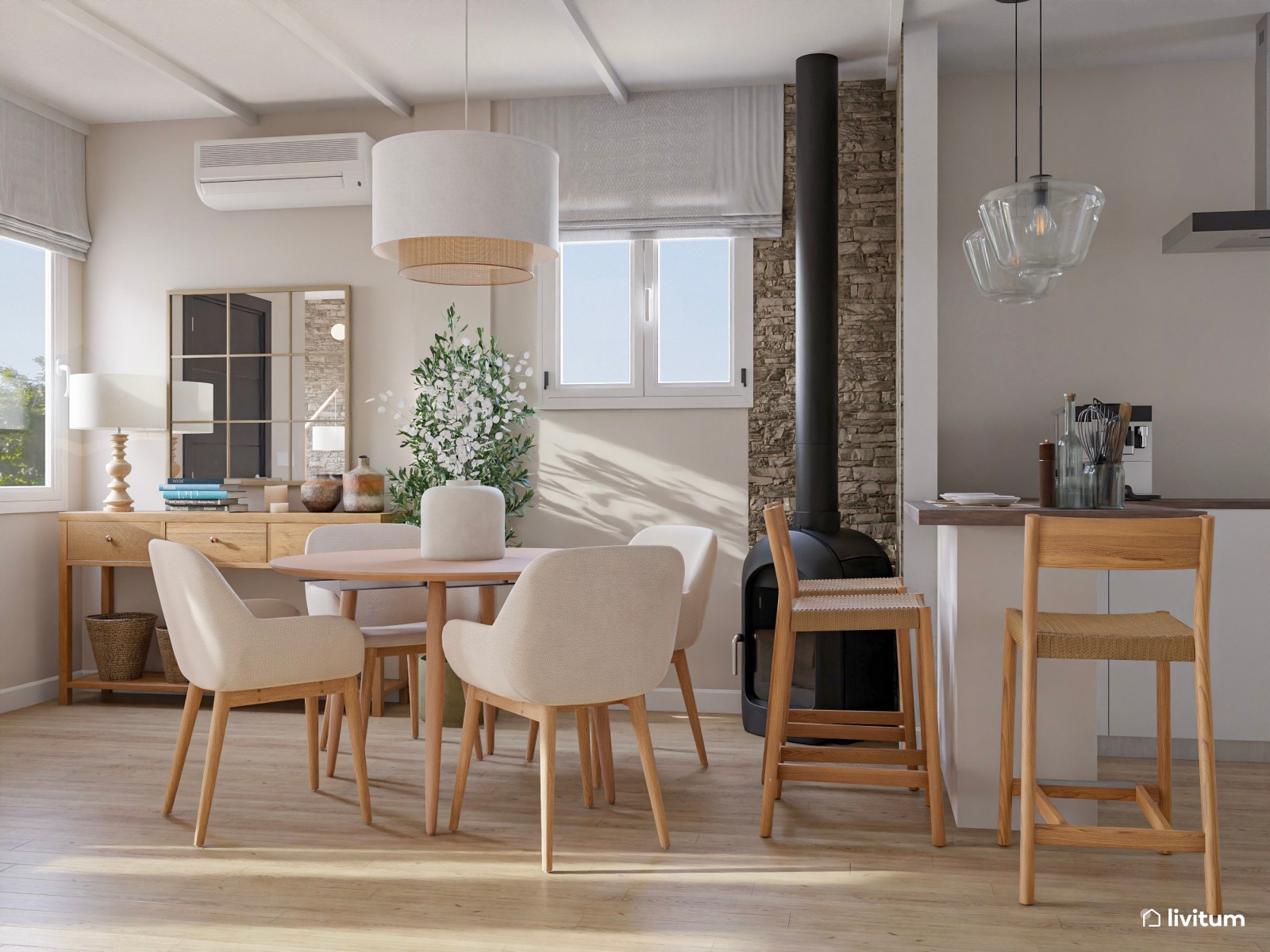 Salón comedor pequeño con cocina abierta de estilo nórdico con paredes de piedra